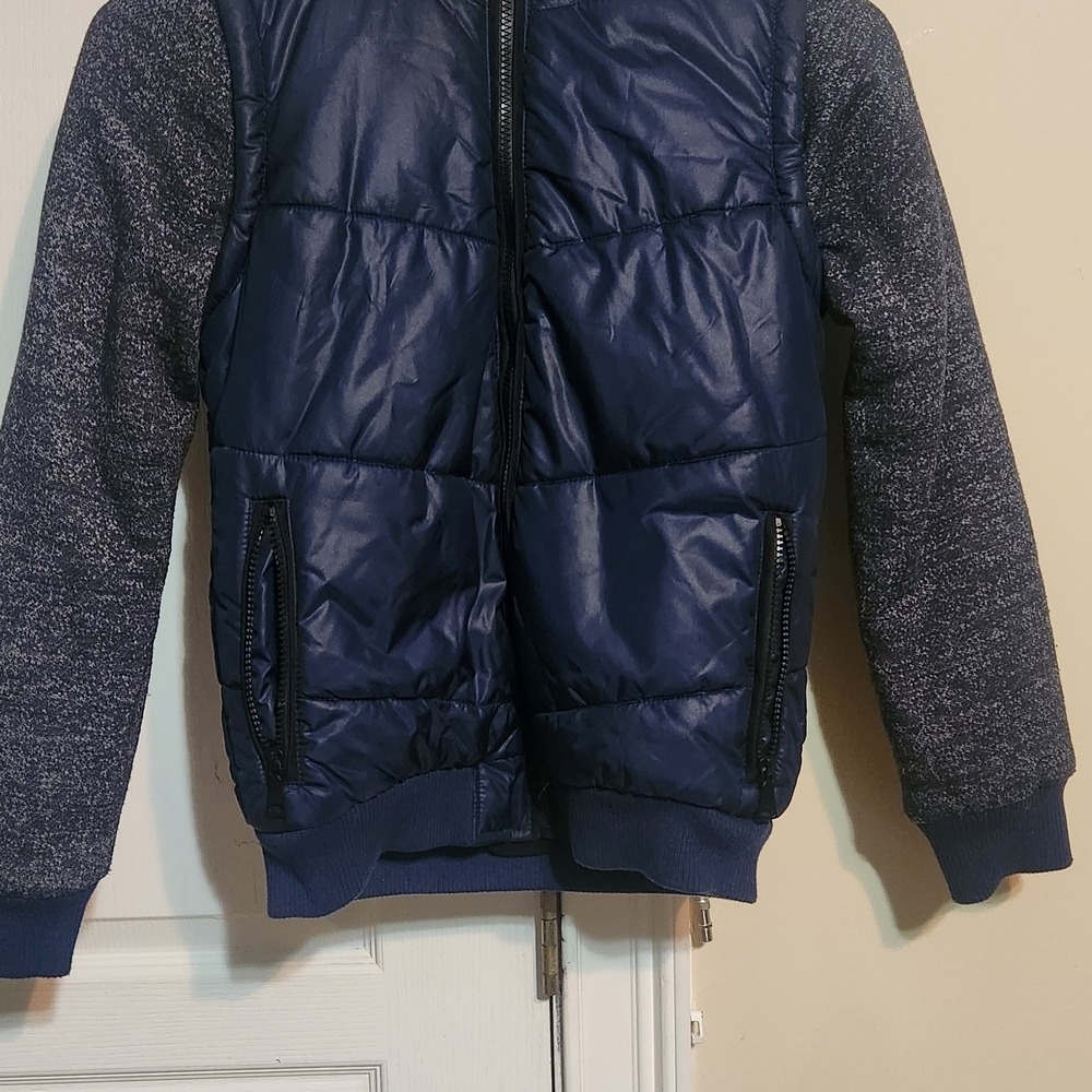 Navy Puffer Jacket with Knit Sleeves